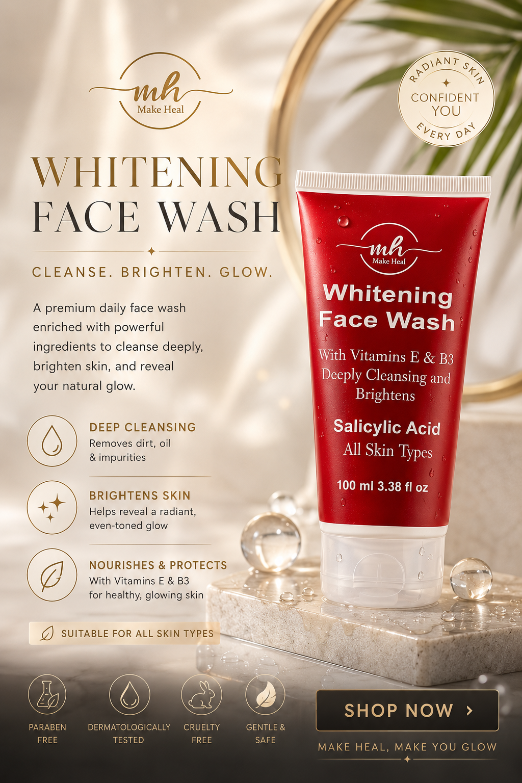 Make Heal Salicylic Acid Face Wash with Vitamins E & B3 – Deep Cleansing & Brightening | 100ml